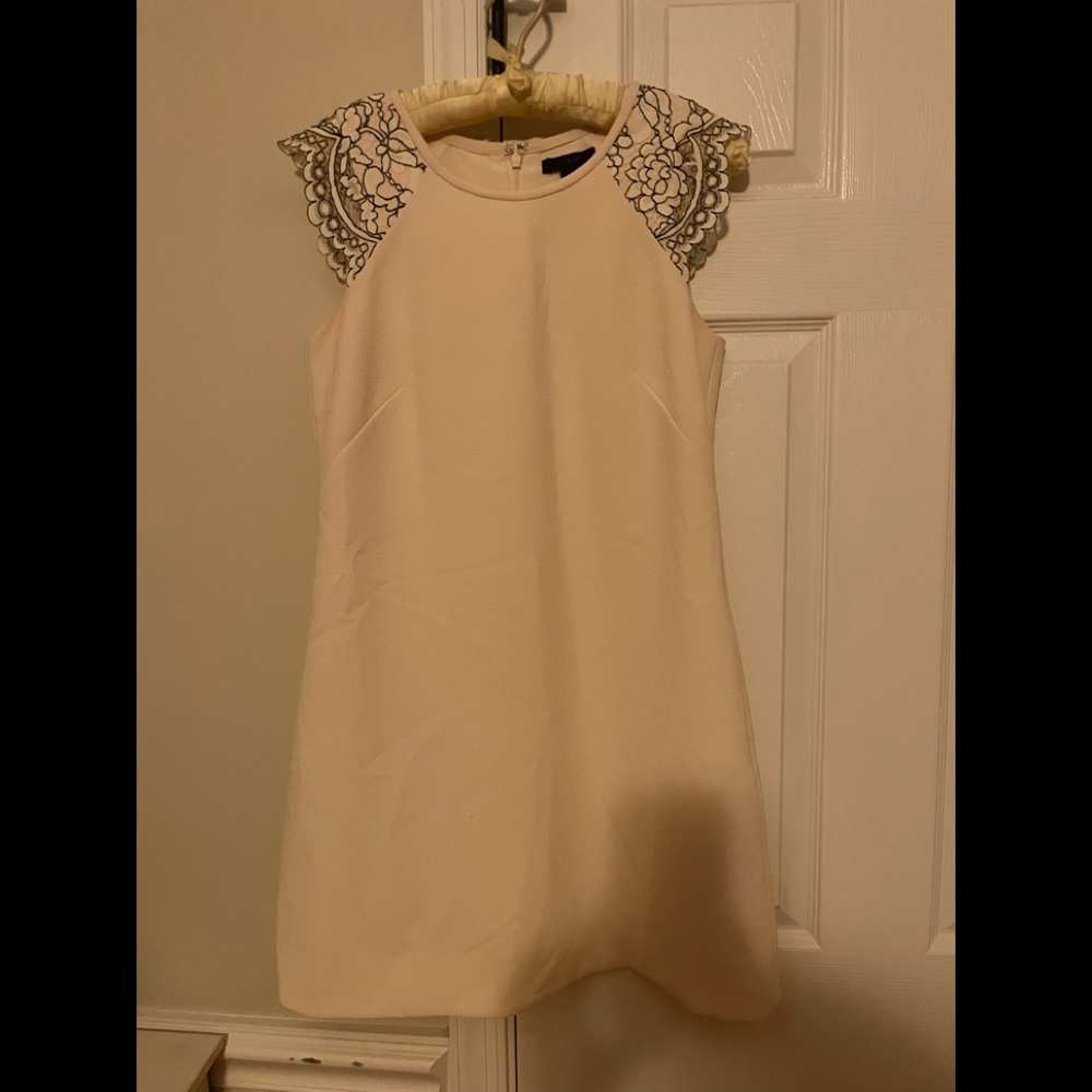 J Crew Off white dress with black lace cap sleeves